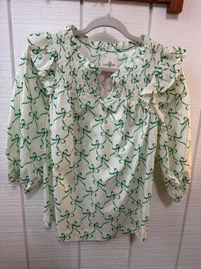 Umgee Cream Blouse with Green Bow Print and Ruffle Detail